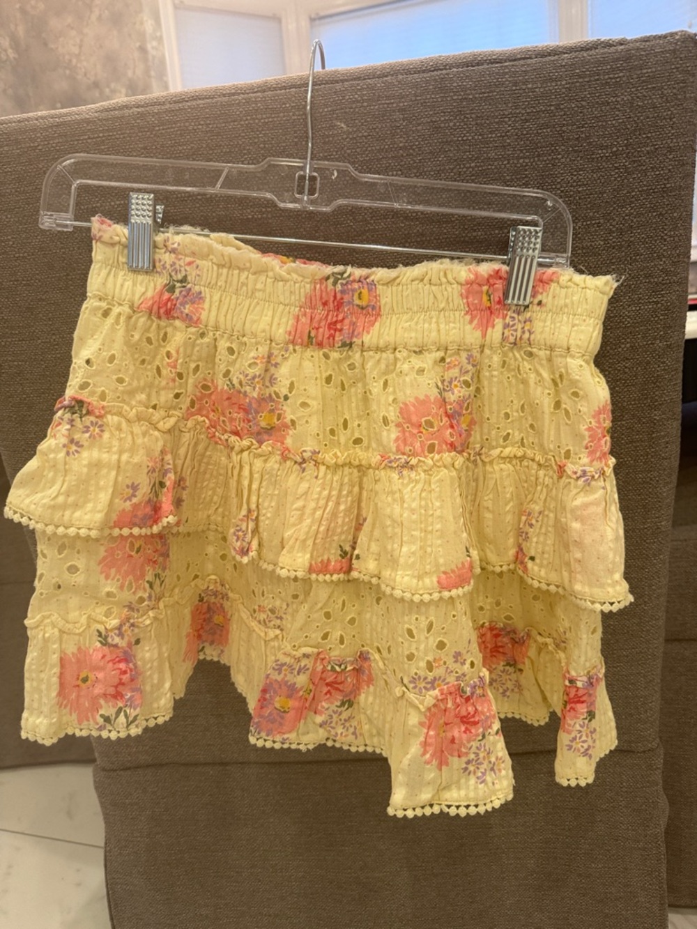 Loveshackfancy Yellow Floral Eyelet Tiered Mini Skirt